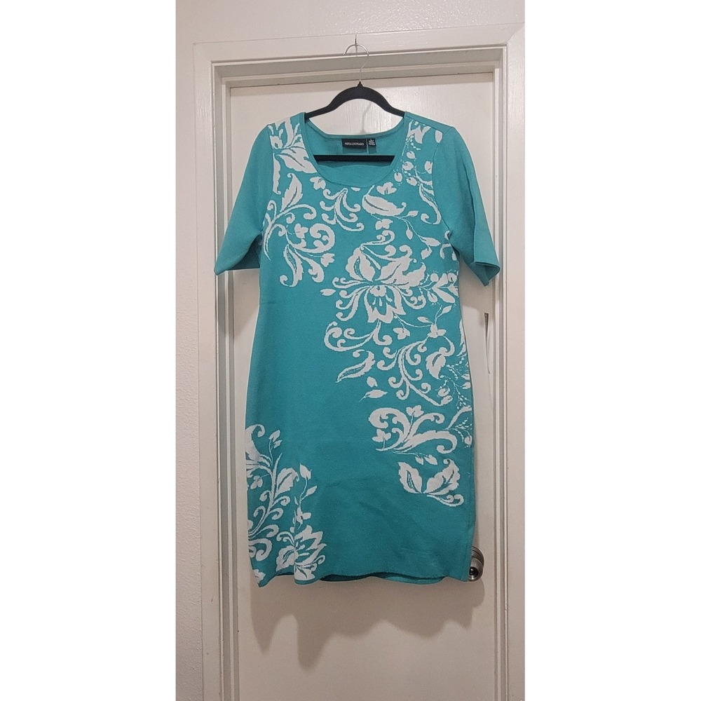Nina Leonard Women Teal White Floral Sweater Knit Dress Short Sleeve L